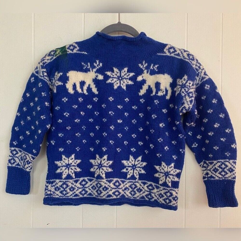 Garnet Hill Sweater Boys 14 Blue Wool Moose Snowflakes Ski Winter Read